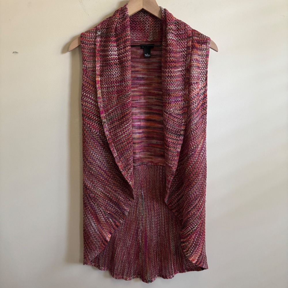 New Directions Space Dye Open Front Sleeveless Cardigan Vest Pink Multi Small